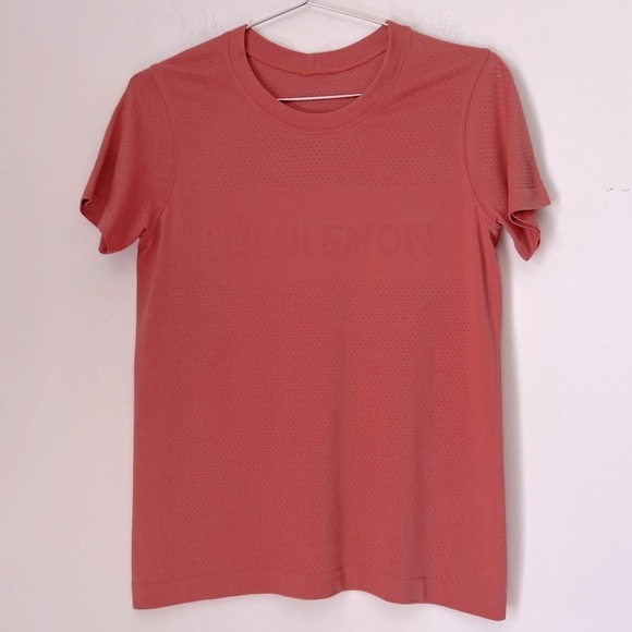 Lululemon Breeze By Short Sleeve Spell Out Vent Athletic Tee Rustic Coral 6 - Picture 1 of 11